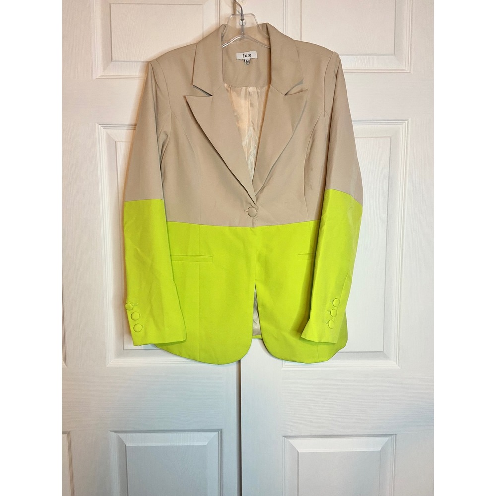 Fate Tan Neon Yellow Colorblock Single Button Statement Blazer Jacket Size M